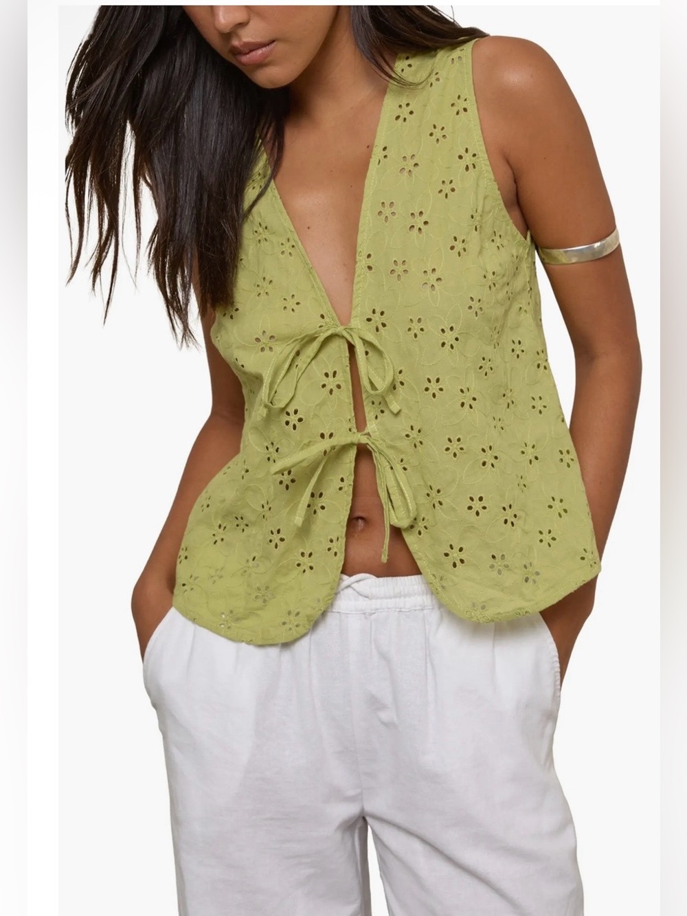 Green Eyelet Embroidered Tie-Front Sleeveless Top